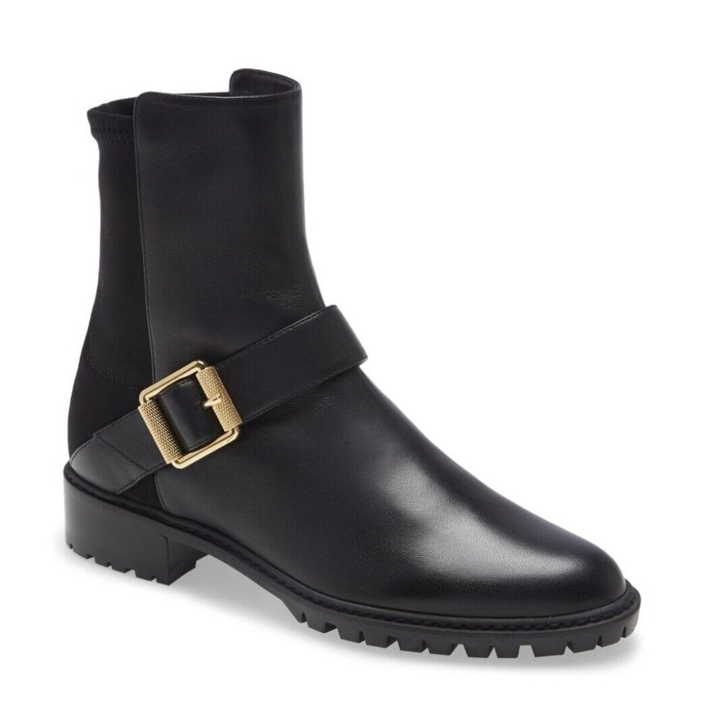 $600 STUART WEITZMAN CITY GOLD BUCKLE BOOT BLACK LEATHER 5050 STRETCH 9.5 (PA25)